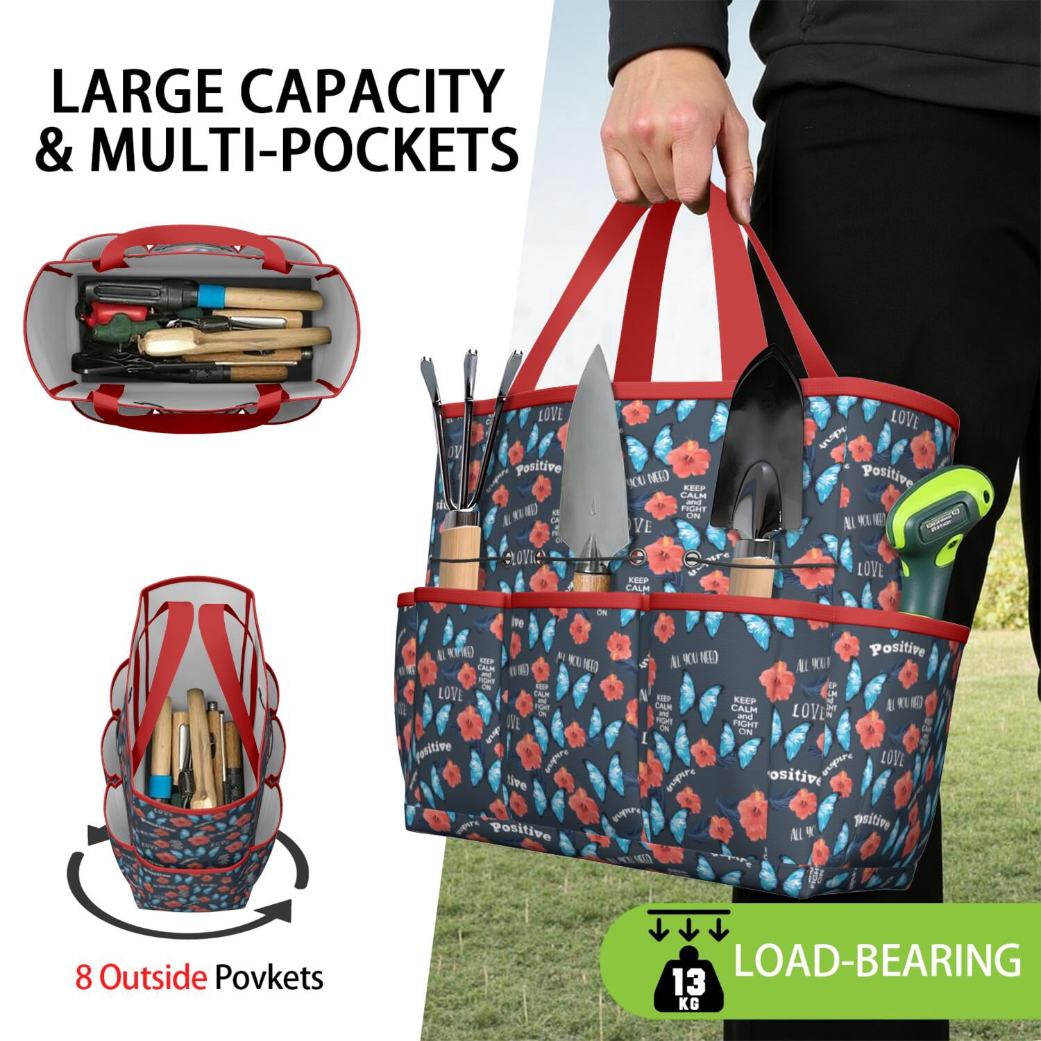 Bright Flowers Garden Tools Bag, Water-proof Oxford Garden Tote Home Organizer Gardening Tool Bag Kit Holder with 8 Pockets for Indoor and Outdoor Gardening(Tools Not Included)