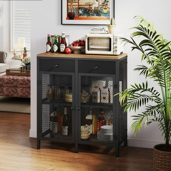Small Coffee Bar Cabinet with Storage, Black Buffet Cabinet Kitchen, Liquor Wine Bar for Home, Living Room Industrial Standing Sideboard with Drawers, Metal Heavy Duty