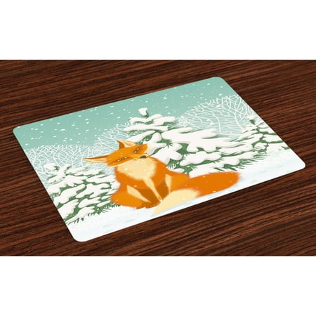 

Fox Placemats Set of 4 Red Fox Sitting in Winter Forest Snow Covered Pine Trees Xmas Cartoon Washable Fabric Place Mats for Dining Room Kitchen Table Decor Orange White Almond Green by Ambesonne