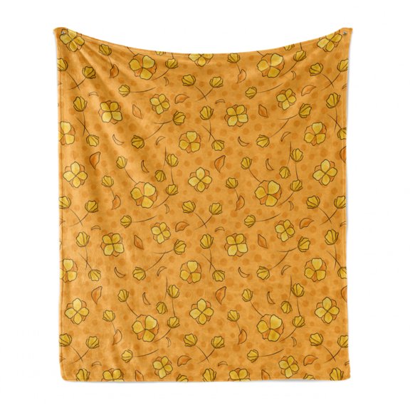 Floral Soft Flannel Fleece Throw Blanket, Summer Time Burgeoning Flowers and Polka Dots, Cozy Plush for Indoor and Outdoor Use, 50" x 70", Orange Mustard, by Ambesonne