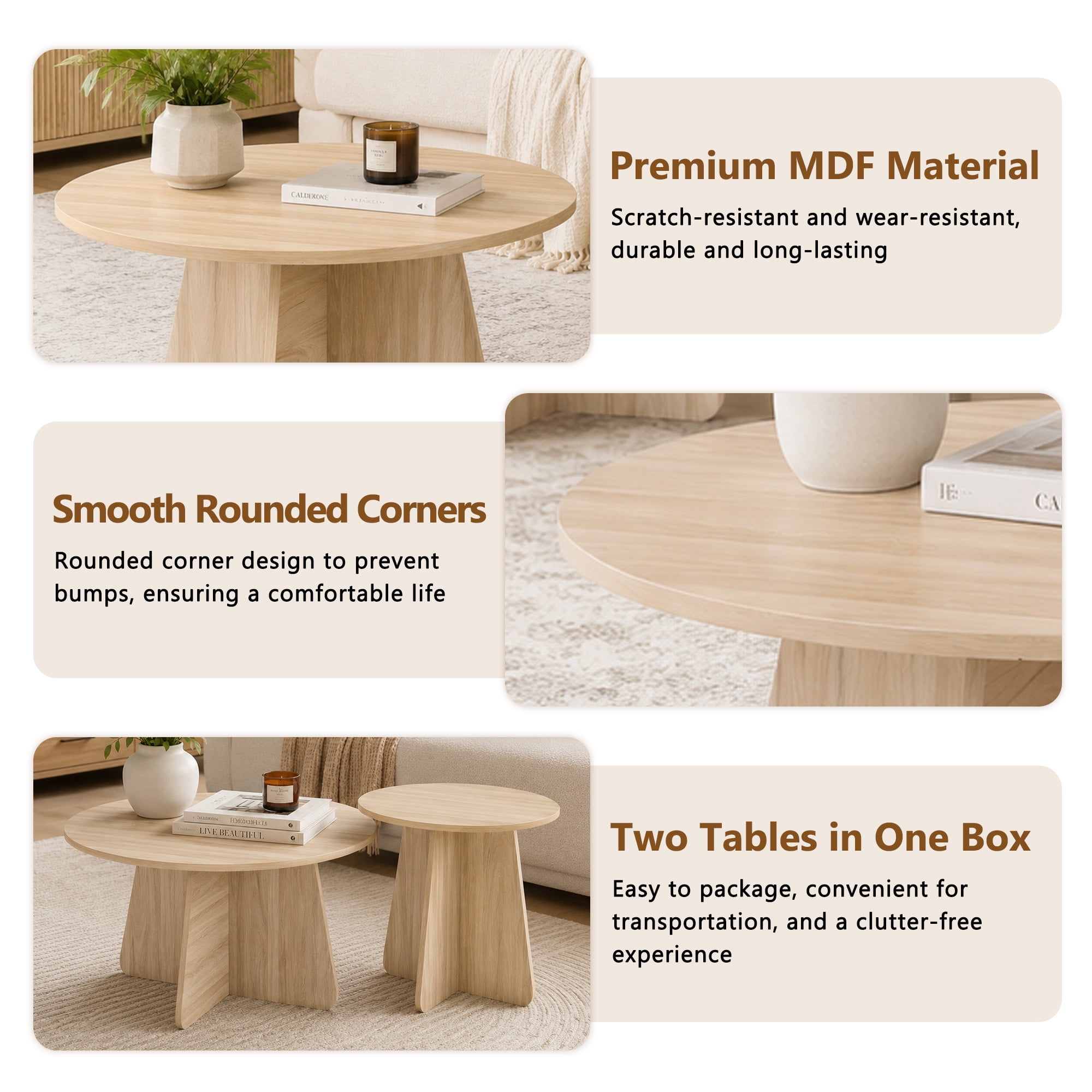 Retro-Style Nesting Coffee Table Set, Available In Walnut Or Natural Wood Finishes, Round Nesting Side Tables With Crisscross Legs, Ideal For Living Rooms And Dining Rooms