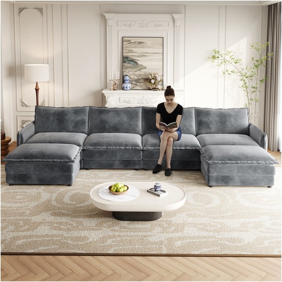 JERFIT U-Shaped Corduroy Sectional Sofa with Ottomans, 6-Seater Oversized Modular Couch for Living Room, Deep Seat Grey Fabric Sofa Set with Cushions