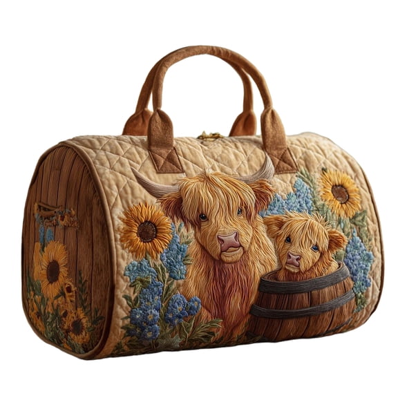 Japceit Highland Cow Print Quilted Tote Bag, Large Capacity Travel Handbag, Women's Market Shoulder Bag, Casual Canvas Tote