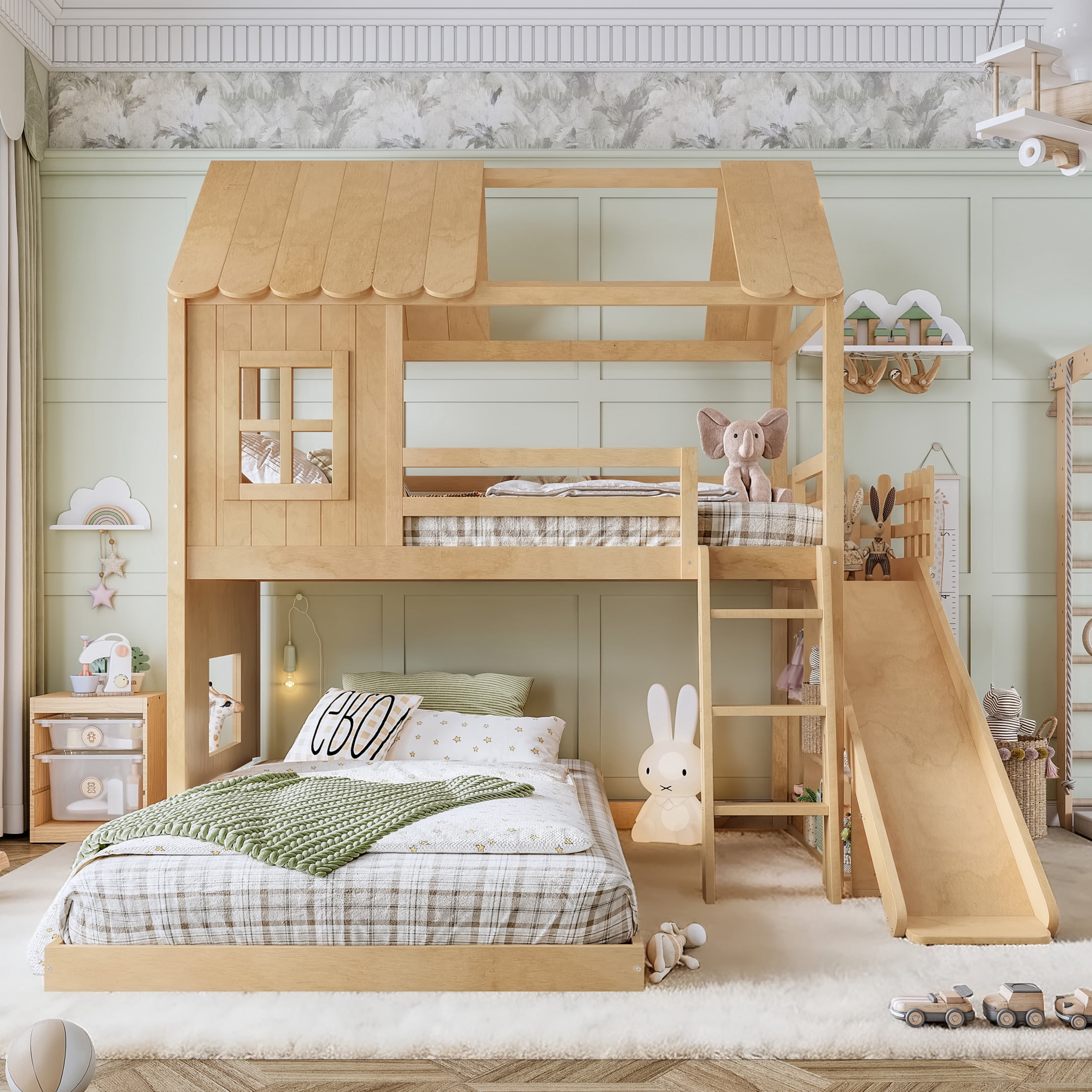 GDF Studio Twin over Full House Bunk Bed with Slide, Ladder, Shelves & Wardrobe, Natural