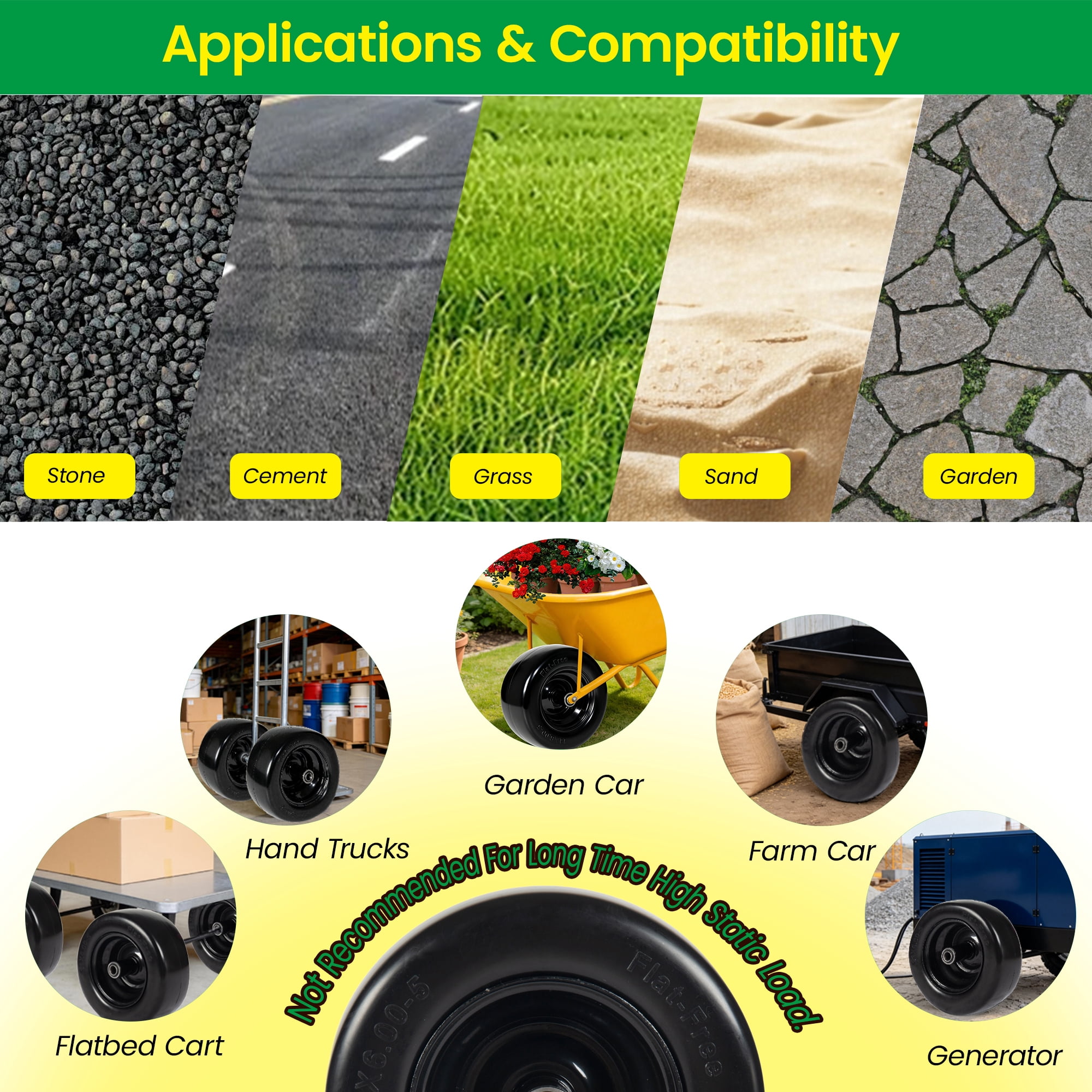 Leumius Set of 2 11x6.00-5 Smooth Tire and Wheel, 11x6-5 Solid Rubbe Riding Lawn Mower Tire with Rim, 3/4" Bearing, 5.8" Centered Hub, Smooth Tread Solid Tire for Zero Turn Mowers