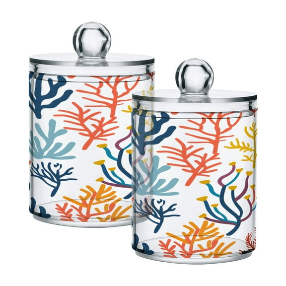 2 Pack Qtip Holder Dispenser Sea Corals and Seaweed Clear Plastic Storage Apothecary Jars for Cotton Swabs Balls Pads Floss