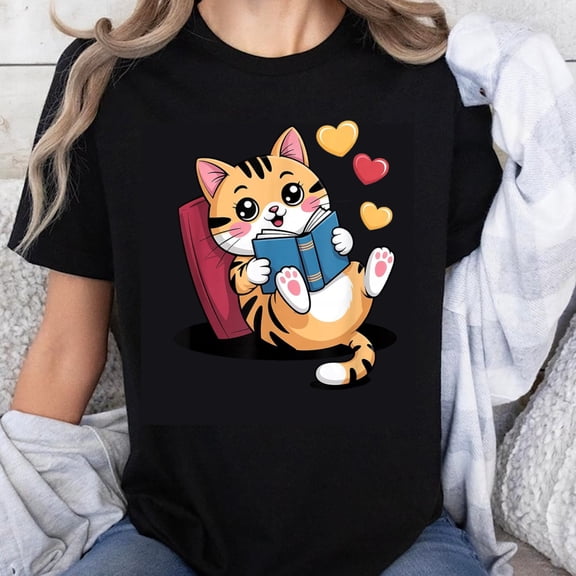 100% Cotton Cute Tiger Cat Reading Book With Hearts Design T-Shirt For Women And Girls Fun Animal Print Casual Wear