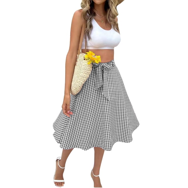 Falda midi de corte A con estampado de cuadros, cinturón de cintura, falda midi elegante de moda para mujer para fiesta