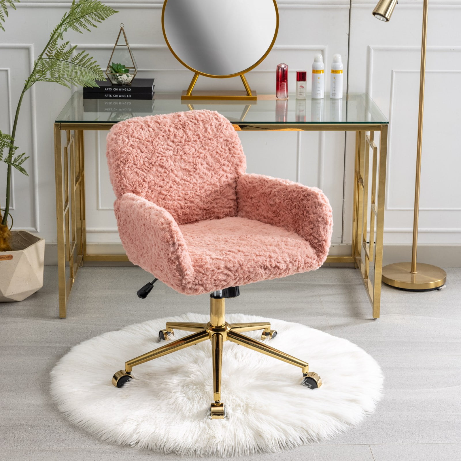 MAYEERTY Artificial Rabbit Hair Office Chair - Golden Metal Base, Adjustable Swivel, Vanity Chair, Pink