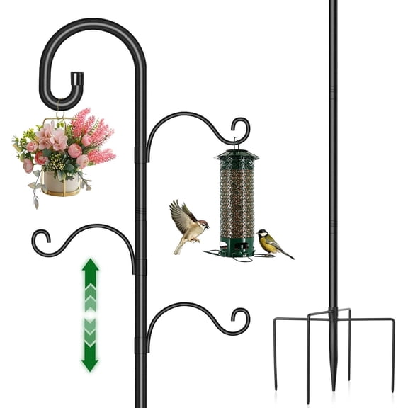 KOLAKO Bird Feeding Station,195cm Adjustable Bird House Poles, Heavy Duty Feeder Stand, Garden Shepherds Hooks Crook for Outdoors Hanging Lights Basket Hanger,76 inch, Black