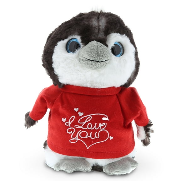DolliBu I LOVE YOU Sitting Grey Penguin Plush – Cute Stuffed Animal with Red Shirt For Valentine, Anniversary, Romantic Date, Boyfriend, or Girlfriend Gift – 9 Inches