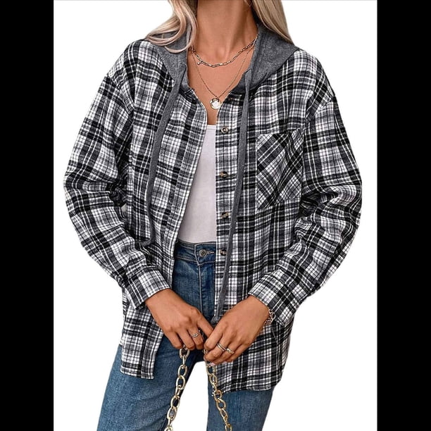 Sudadera con Capucha A Cuadros Estilo para Mujer, de Larga, con Botones y Cordón, Informal, para Otoño, con Bolsillo. Negro L