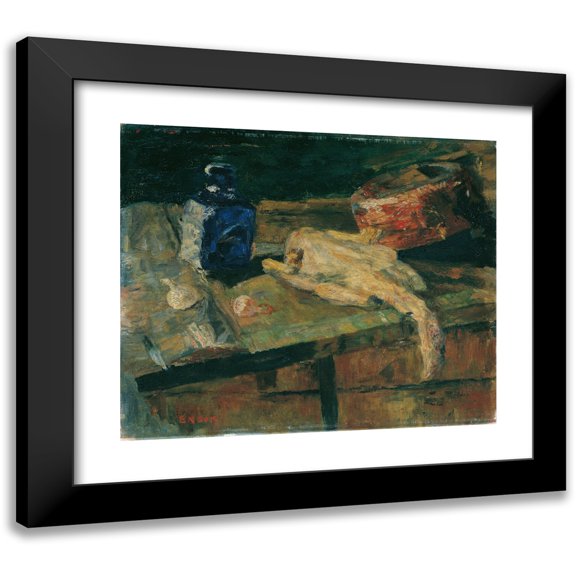 James Ensor 14x12 Black Modern Framed Museum Art Print Titled - Still Life with a Blue Bottle and Plucked Chicken (1910)