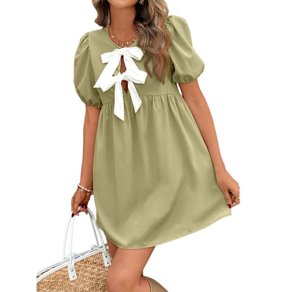 Women Casual Summer Puff Sleeve Mini Dress Tie Front Cut High Waist Peplum Dress Yellow-Green M