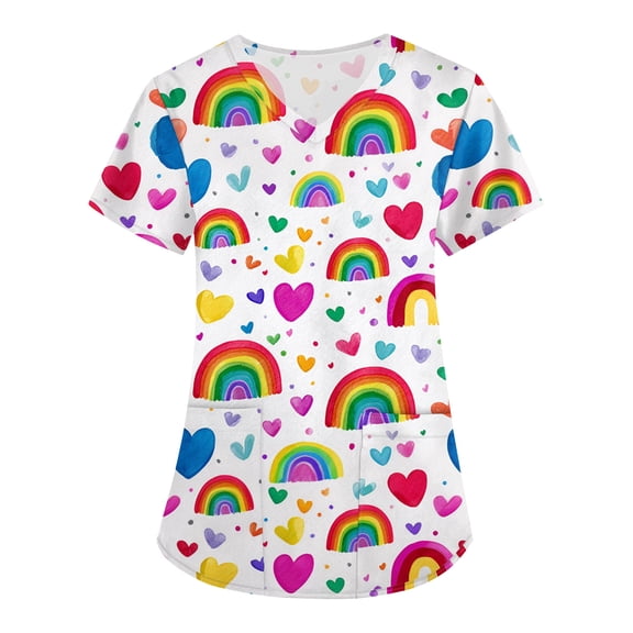 Scrubs for Women,V Neck Rainbow Print Scrub Top Short Sleeve Nurse Uniform Shirt Medical Workwear Healthcare Scrubs with Pockets