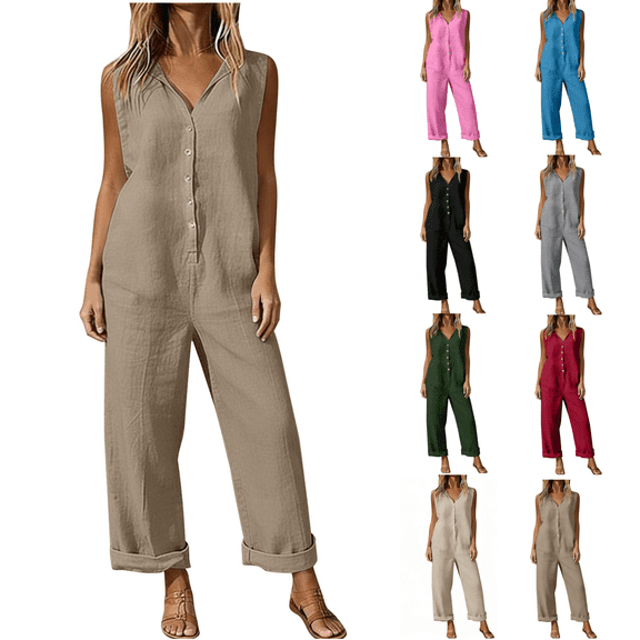 Yeaiivve Women Button Down Jumpsuits Cotton Linen Short Sleeve Overalls Comfy Breathable Summer Casaul Rompers with Pockets Khaki,M