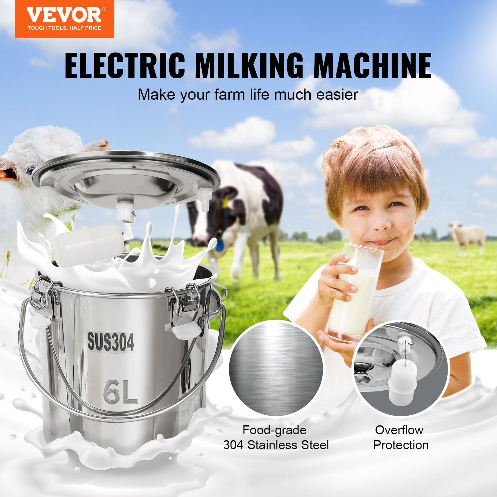 Automatic Adjustable Vacuum Milker Portable for Goats, Cows, Sheep, 304 Stainless Steel, Pulsation System, Food-Grade Silicone Accessories, 6L