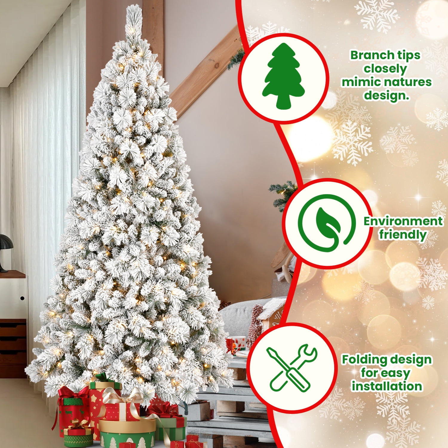 7FT Flocked Christmas Tree with 450 Warm White LED Lights – 1060 Tips, Snowy PVC & Hard Needle Branches, Hinged Design for Easy Setup, Sturdy Metal Stand – Full & Realistic Holiday Tree