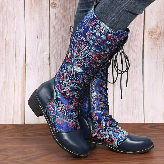 Tejiojio Fall Winter Women Flat Flower Embroidered Ladies Lace Up Mid-Calf Retro Zipper Casual Boots