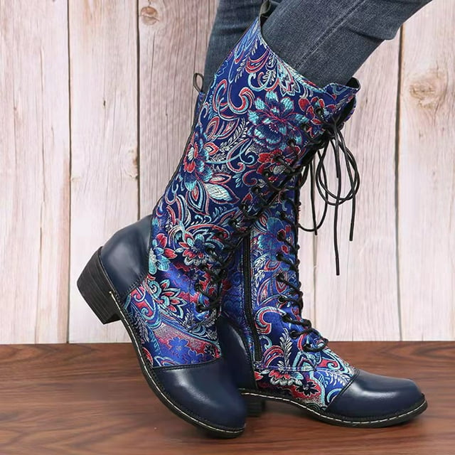 Bottes Plates d'Hiver pour Femmes Brodées de Fleurs Lacées Mi-Mollet Rétro à Fermeture Éclair Décontractées