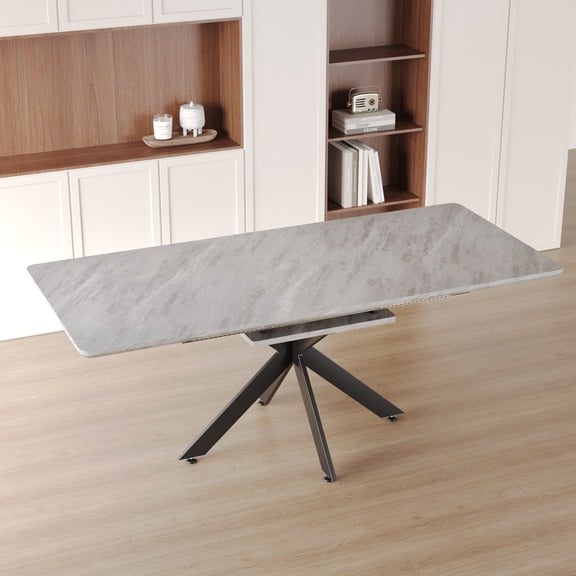 Pinovk 62.4" Extendable 78.15"Very large Grey Dining Table Modern Mid-Century Kitchen Table Set for Dining Room, party Table,Conference table,Black metal X shape Legs.