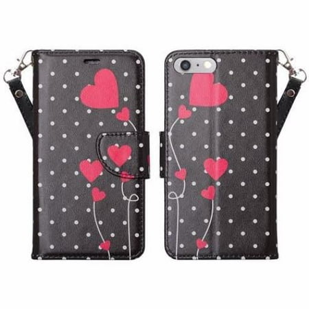 Apple iPhone 7 Case, Wrist Strap Pu Leather Magnetic Flip Fold[Kickstand] Wallet Case with ID & Card Slots for Iphone 7 - Polka Dots Hearts