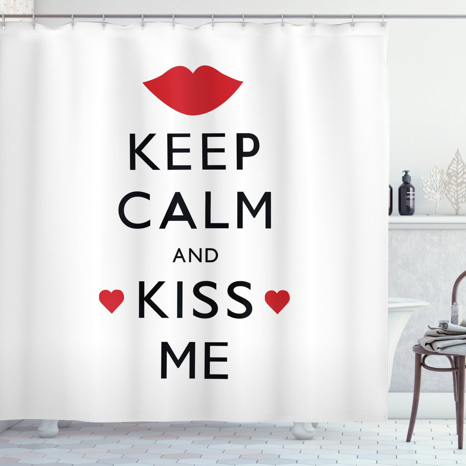 Keep Calm Shower Curtain, Kiss Me Poster Design with Red Hearts and a