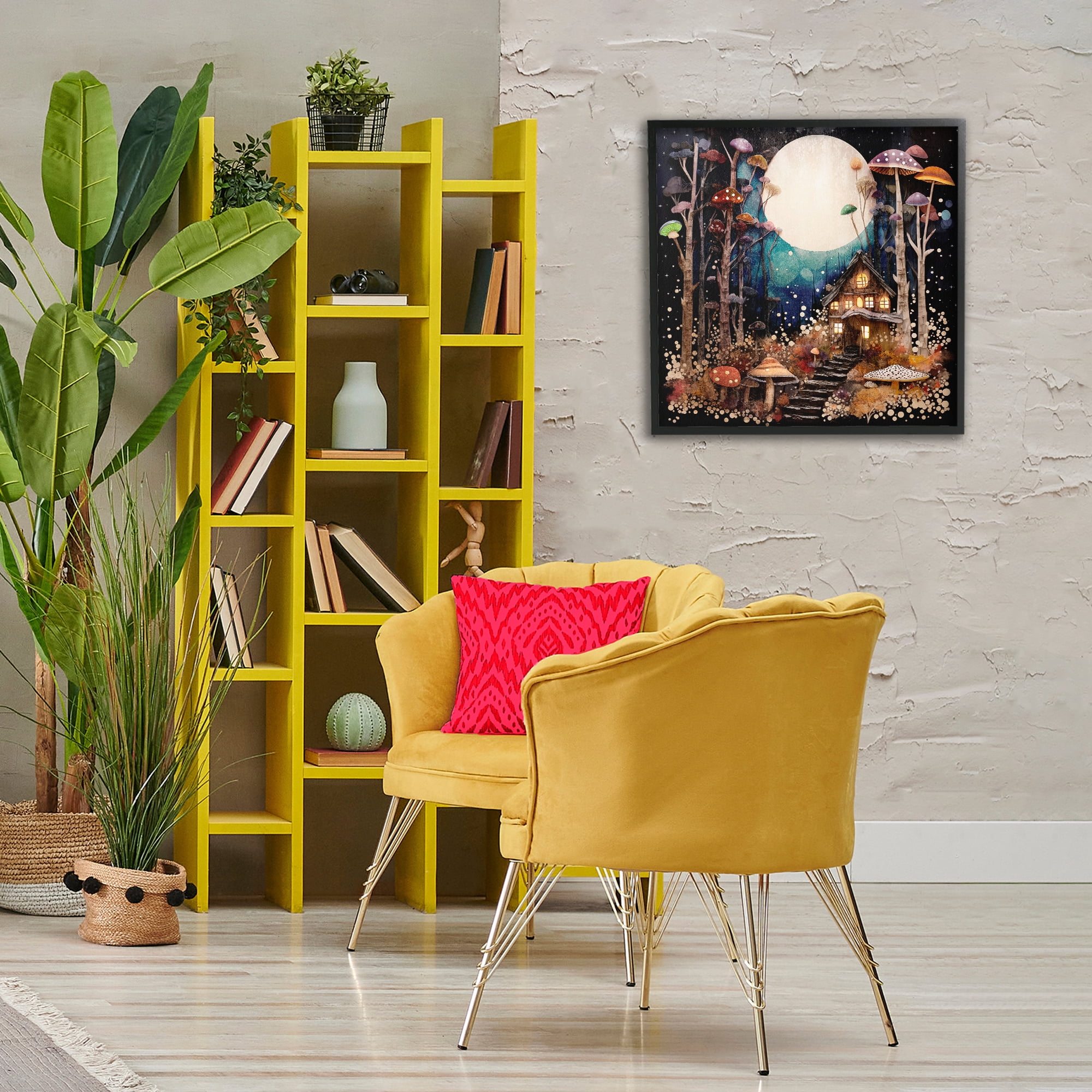 Stupell Industries Whimsical Mushroom Cottage Landscape & Nature Painting Black Framed Art Print Wall Art, 24 x 24