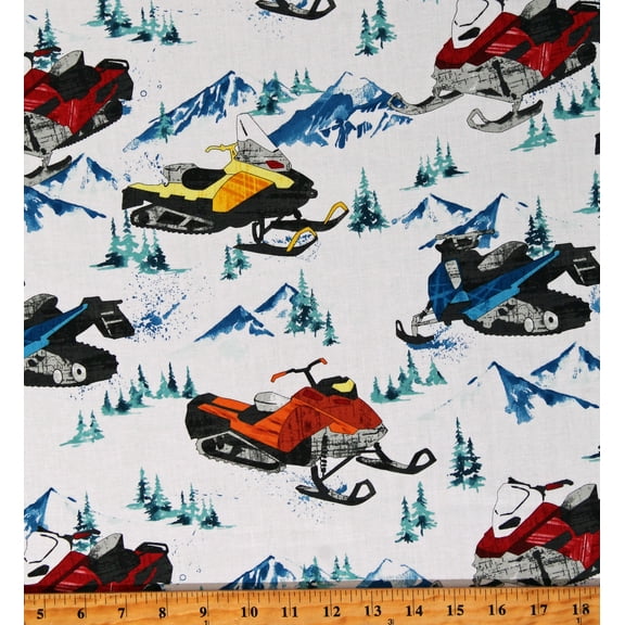 Cotton Snowmobiling Snowmobiles Winter Sports White Cotton Fabric Print by the Yard (27243-10)
