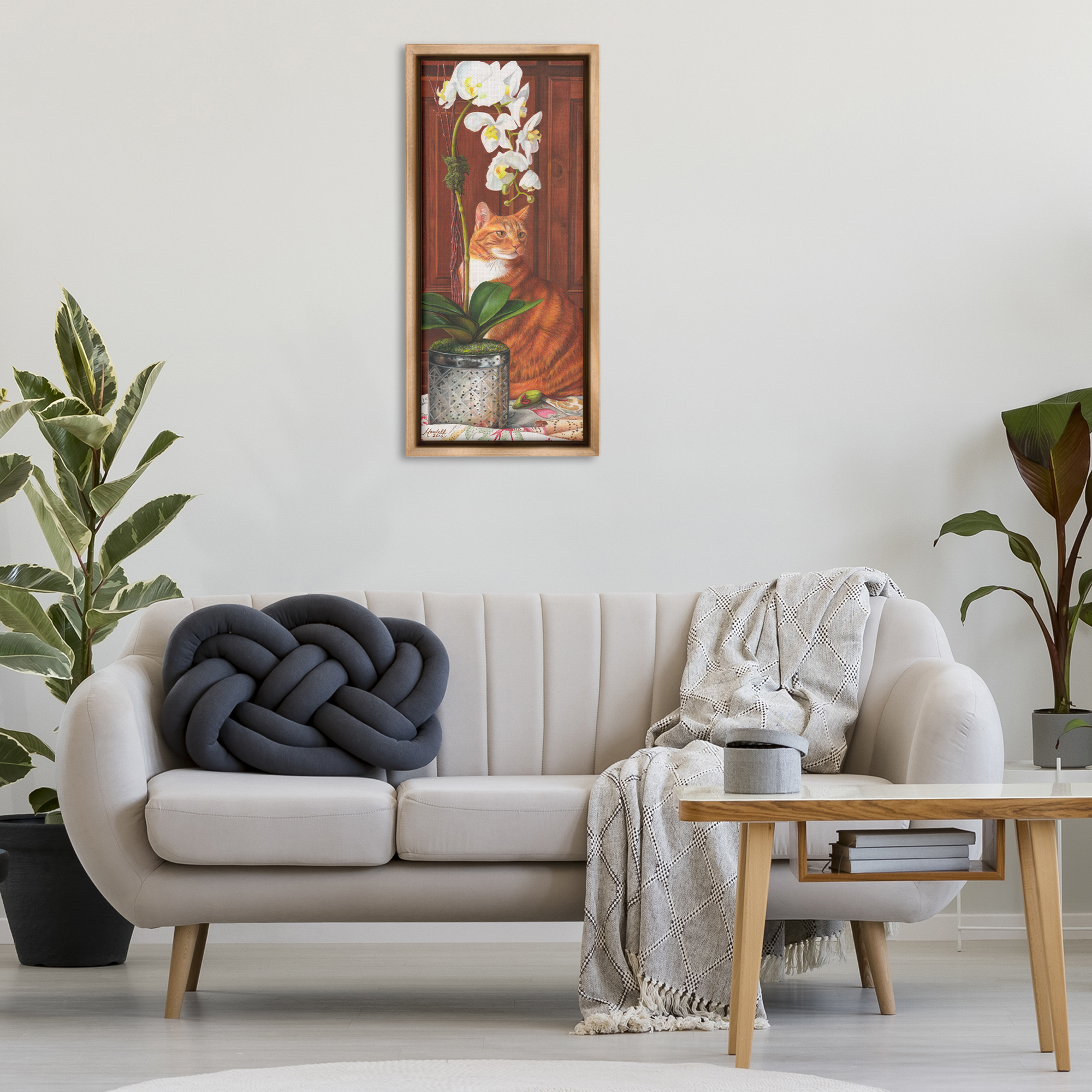 Stupell Industries Cat & Orchid Flower Animals & Insects Painting Brown Floater Framed Canvas Art Print Wall Art, 15 x 31