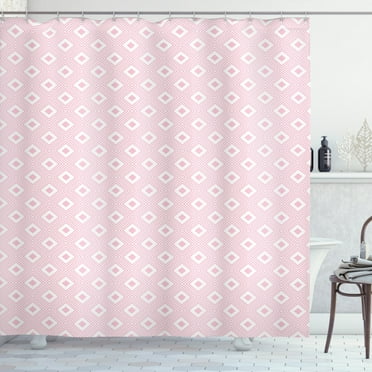 Geometric Rhombus Shower Curtain, Pastel Nested Shapes in Soft Colors Continuing Illustration, Fabric Bathroom Set with Hooks, 69W X 84L Inches Extra Long, Baby Pink and White, by Ambesonne