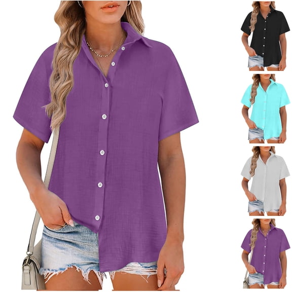 Yijfswar Womens Short Sleeve Button Shirt V Neck Collared Tops Dress Shirts Casual Business Blouses Summer Tops