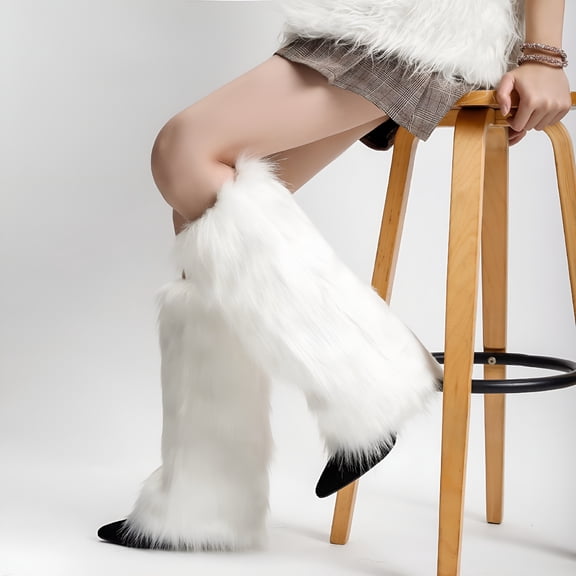 OQRKI 1 Pair Faux Fur Leg Warmers for Women Girls Plush Soft Boot Cuff Sleeves Fluffy Furry Leg Sleeve for Winter Warmth