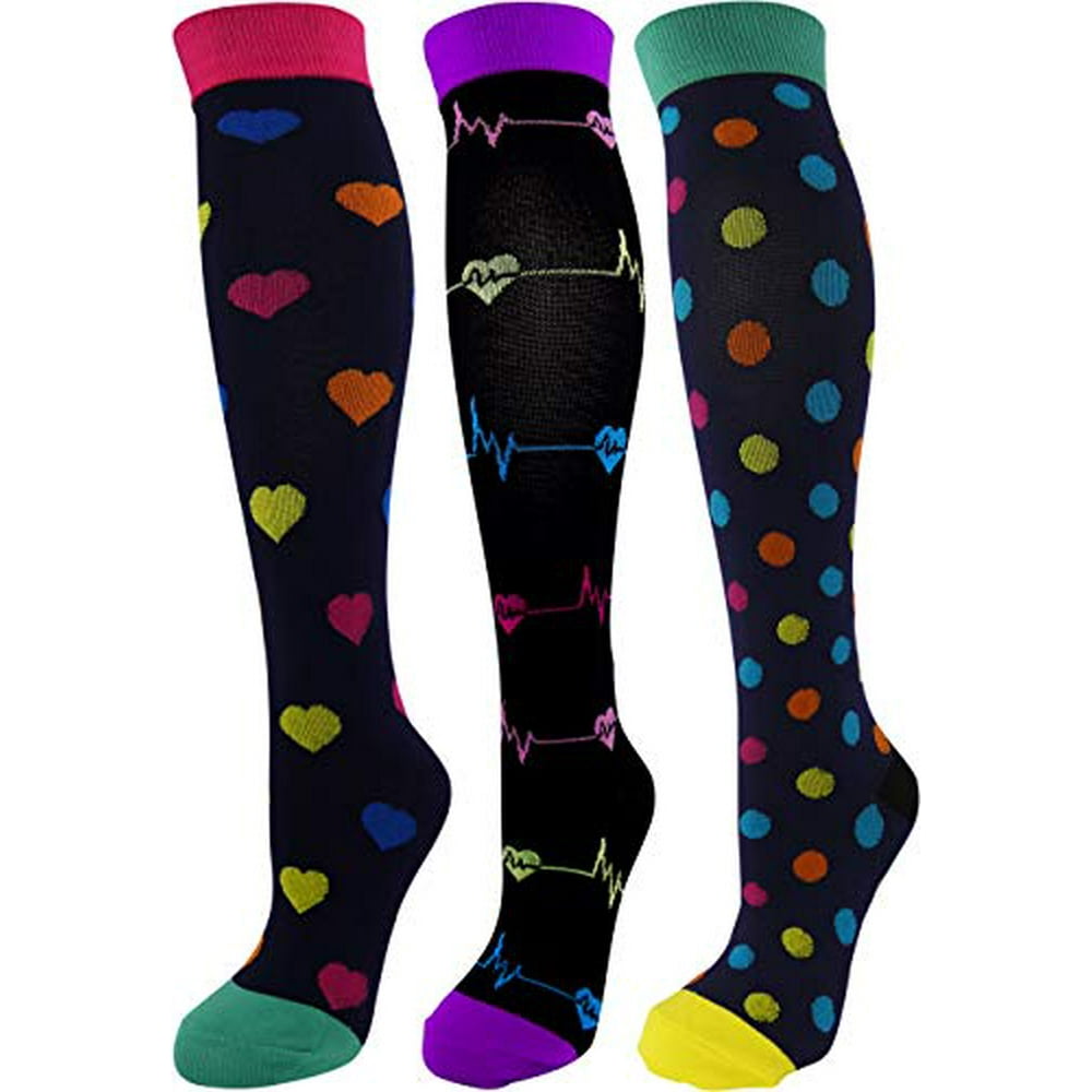 3 Pair Colorful Moderate Graduated Compression Socks 15-20 mmHg. Nurses ...
