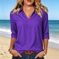 thumbnail image 5 of Women 3/4 Length Sleeve Shirts Lapel V Neck Solid Color Summer Tops Soft Cotton Casual Loose Fit T-Shirts (S, Purple), 5 of 7