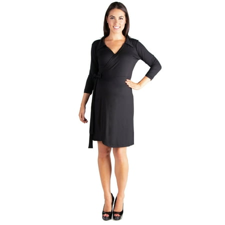 

24seven Comfort Apparel Collared V-Neck 3/4 Sleeve Maternity Wrap Dress