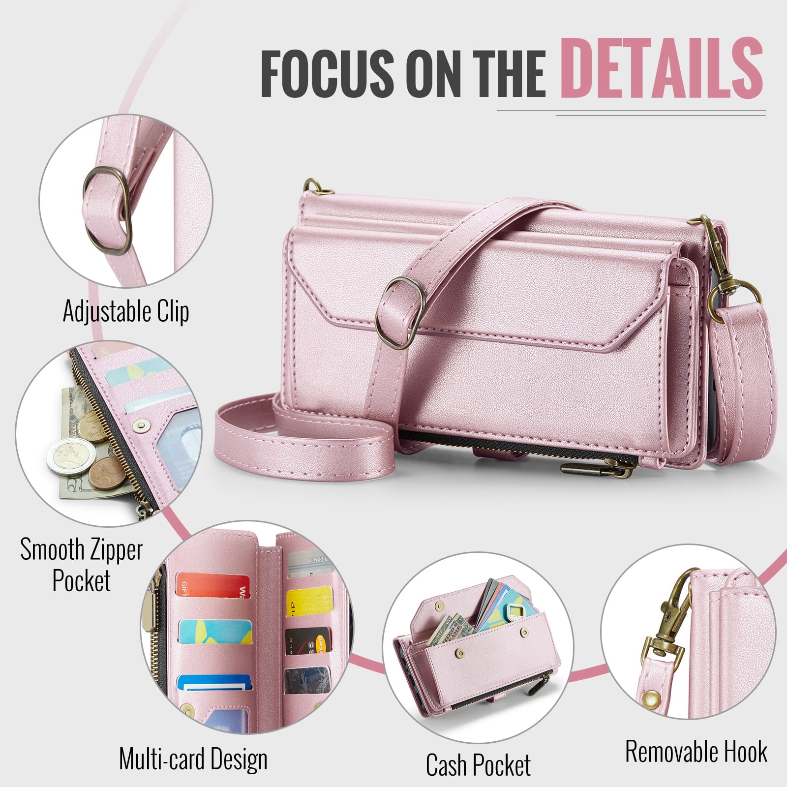 Asuwish Compatible with Samsung Galaxy A14/M14 5G Zipper Wallet Phone Case Tempered Glass Screen Protector Crossbody Lanyard Strap Flip Card Holder Slot Cell Cover for A 14 4G 14A 14M Women Rose Gold