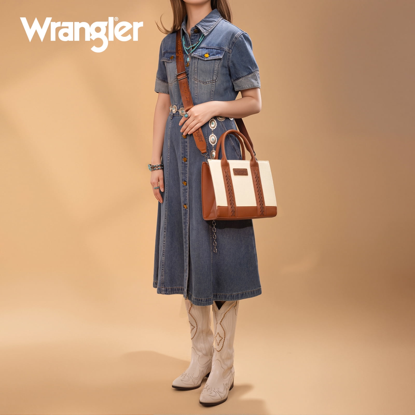 Wrangler Medium Tote Bag for Women Canvas Structured Satchel Purse with Braided Straps Top-handle Handbag with Zipper Pocket, Brown