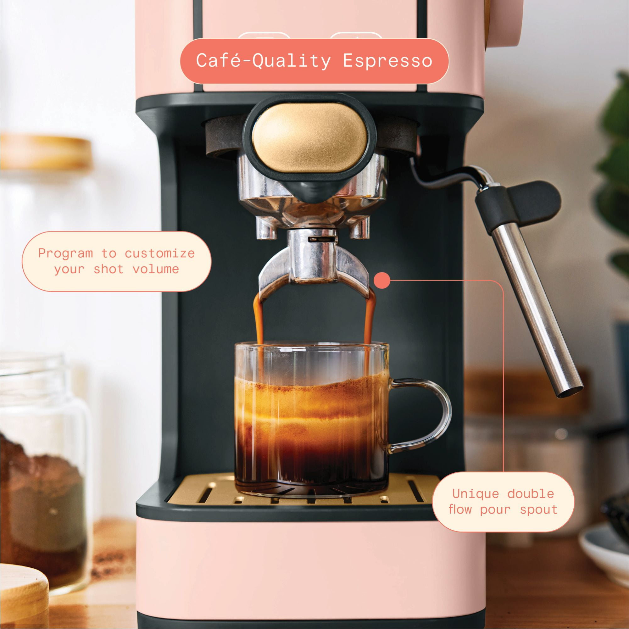 Beautiful Slim Espresso Maker with 20-Bar Pressure, Rose by Drew Barrymore