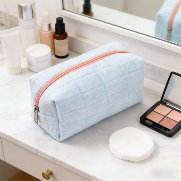 Hovilon Cute Soft Cosmetic Bag for Women - Blue Plush Makeup Organizer Pouch, Portable Travel Toiletry Case, Small Beauty Storage Bag for Skincare and Brushes, Ideal Gift