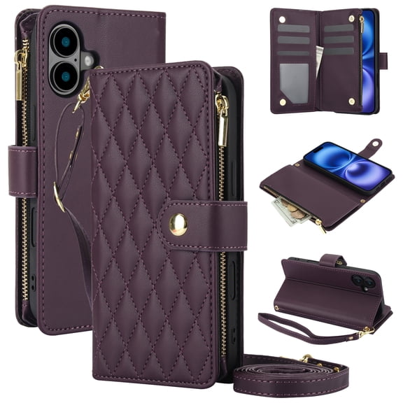 Phone Case for Apple iPhone 16, Premium iPhone 16 Case with Wallet, Card Holder, Coin Zipper Pocket Shockproof Flip Cover Stand with Wrist Strap & Detachable Shoulder Strap,Darkpurple