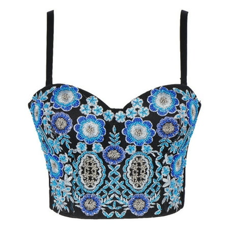 

AOOOWER Women Sexy Spaghetti Strap Bustier Bra Embroidery Blue Floral Rhinestone Beading Camis Vest Club Party Corset Crop Top