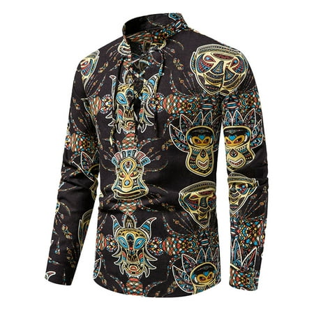 

HSMQHJWE Mens Brown Shirt Under Scrub Men Long Sleeve Shirts Male Casual Vintage Print Drawstring Stand Collar Roll Up Sleeve T Shirt Blouse Long Sleeve Tops T Shirt Workout Men Shirt