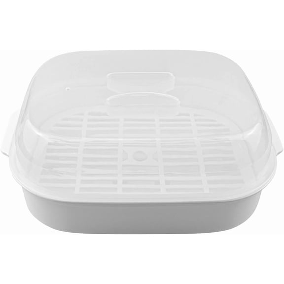 DOERDO Plastic Microwave Steamer for Vegetable, Kitchen Heating Steamer with Lid for Vegetables Seafood Cooking 10.4x8.1 Inch, White