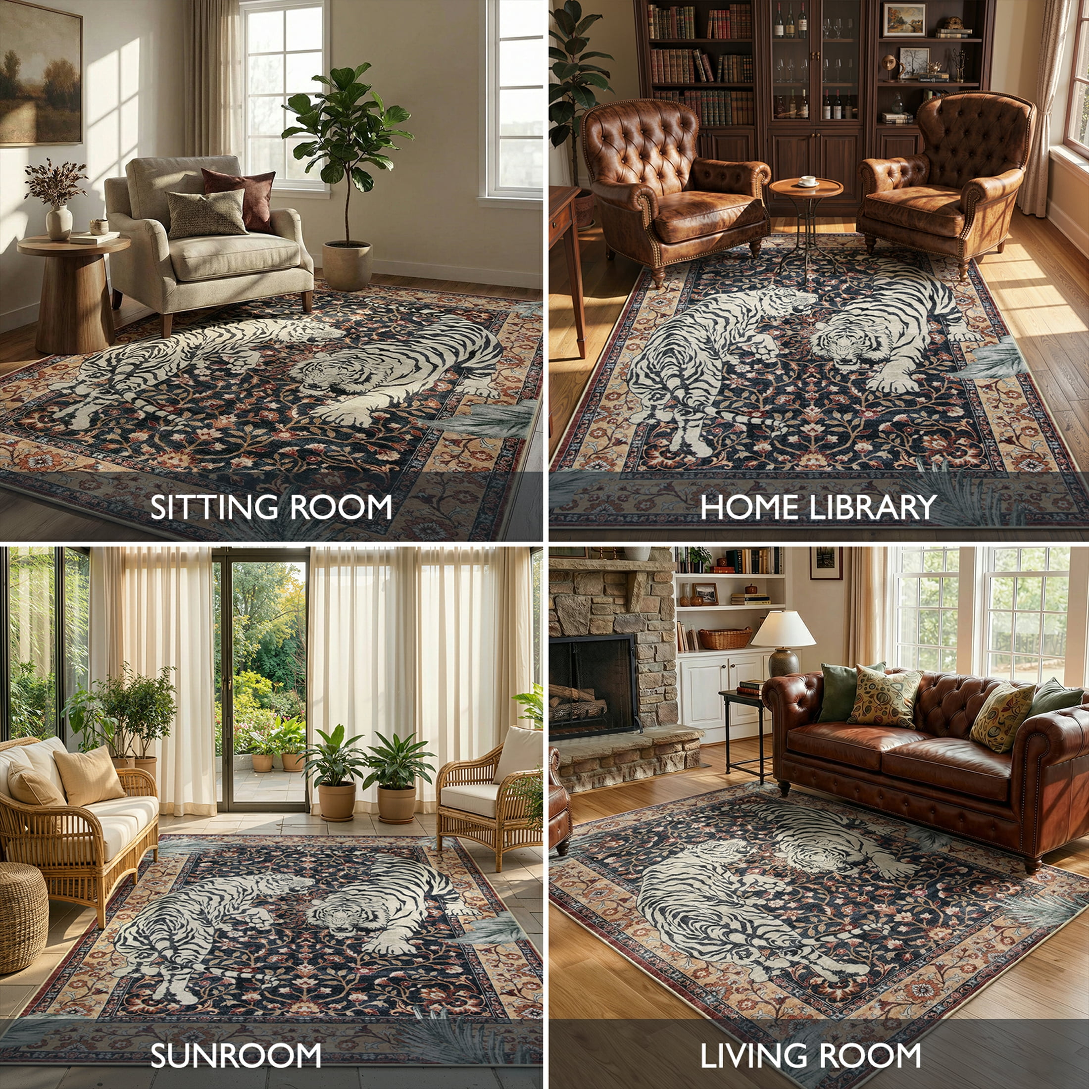 Moynesa 5'x7' Vintage Tiger Area Rug, Washable Traditional Oriental Rug for Living Room Bedroom Dining Room, Distressed Botanical Floral Accent Carpet, Low Pile Non Slip Stain Resistant, Burgundy