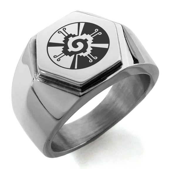 Tioneer Stainless Steel Mayan Hunab Ku Rune Engraved Hexagon Crest Flat Top Biker Style Polished Ring