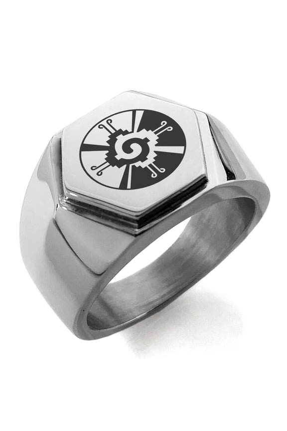 Stainless Steel Mayan Hunab Ku Rune Engraved Hexagon Crest Flat Top Biker Style Polished Ring