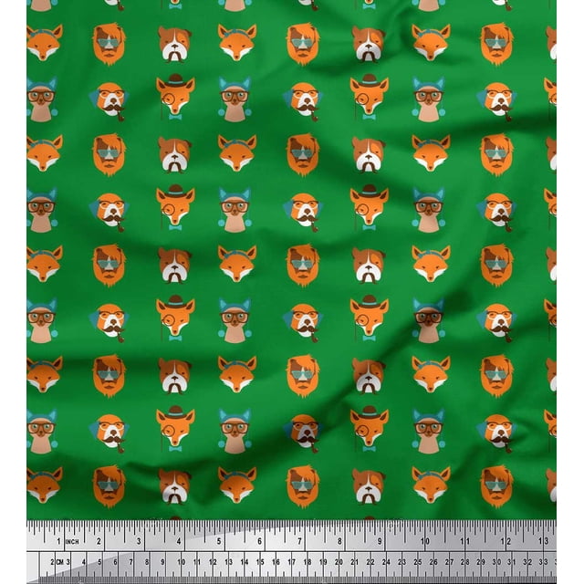 Soimoi Green Poly Georgette Fabric Dog Face Cartoon Print Fabric by Yard 52 Inch Wide