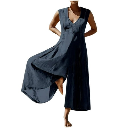 

Holloyiver Jumpsuits for Women Summer DressyLoose Cotton Linen Sets 3/4 Sleeve Square Neck Pleated One Piece Romper Overalls Zipper JumpsuitsNavy