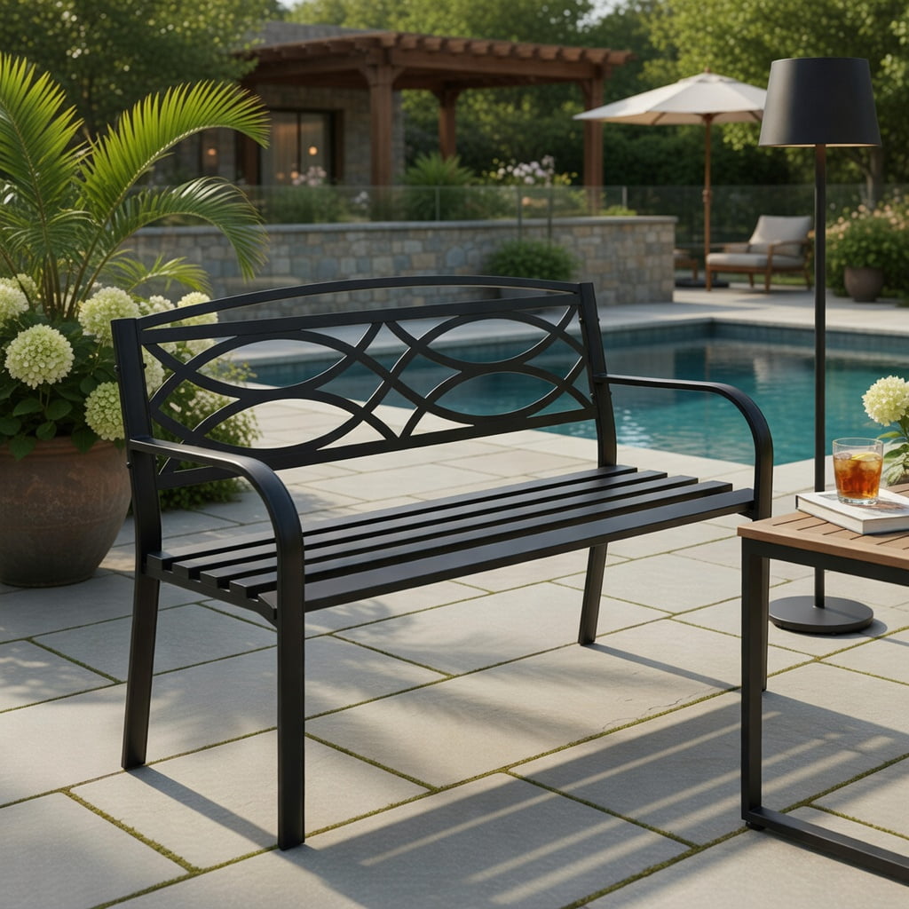 Hommoo Modern Metal Garden Bench with Curved Armrests & Contoured Backrest, Outdoor Patio Bench for Yard, Poolside or Deck, Black